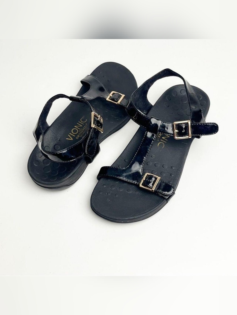 Vionic Adrianne Black Patent Leather T-Strap Two Adjustable Buckles Sandals